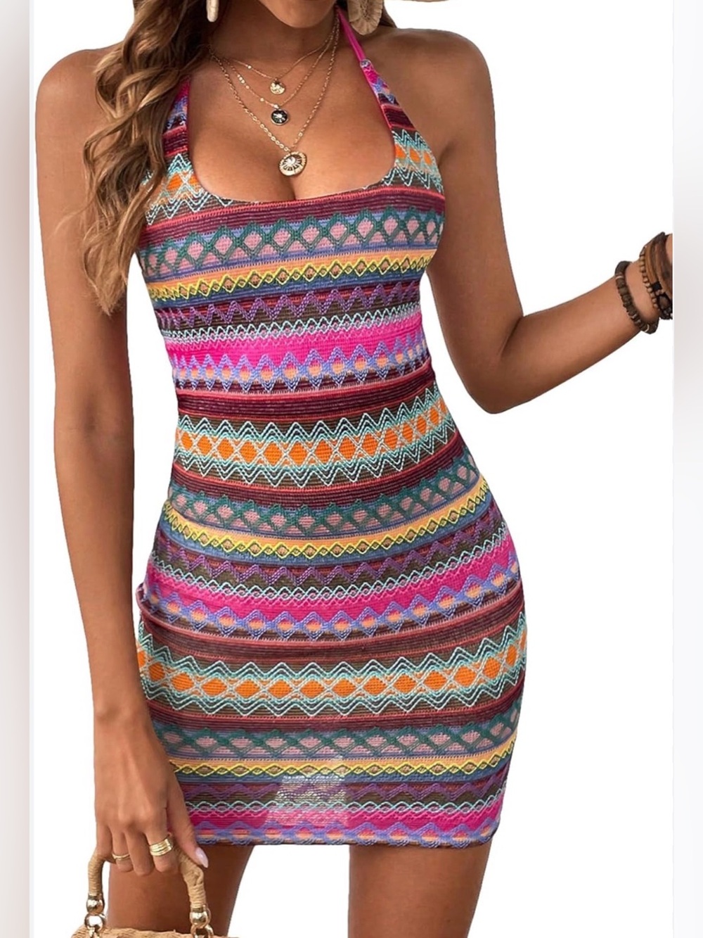 Knitted Chevron Print Halter Multicolor Mini Dress Boho Backless Bodycon Dress